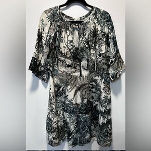 Margaret O’Leary Ivory Black Botanical Tropical Toile Print Midi Dress Size M